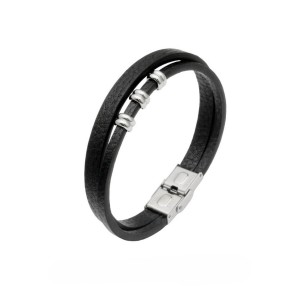 Pulsera Acero y Cuero Doble
